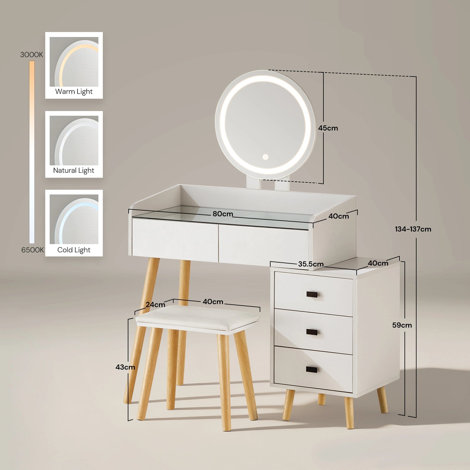 Warm, cool and natural LED lighting modes and dimensions of the Marilee dressing table