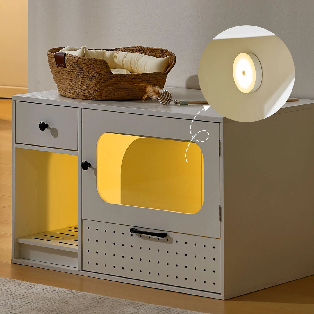 Mewi hidden litter box enclosure at night with light on, easy to watch cat