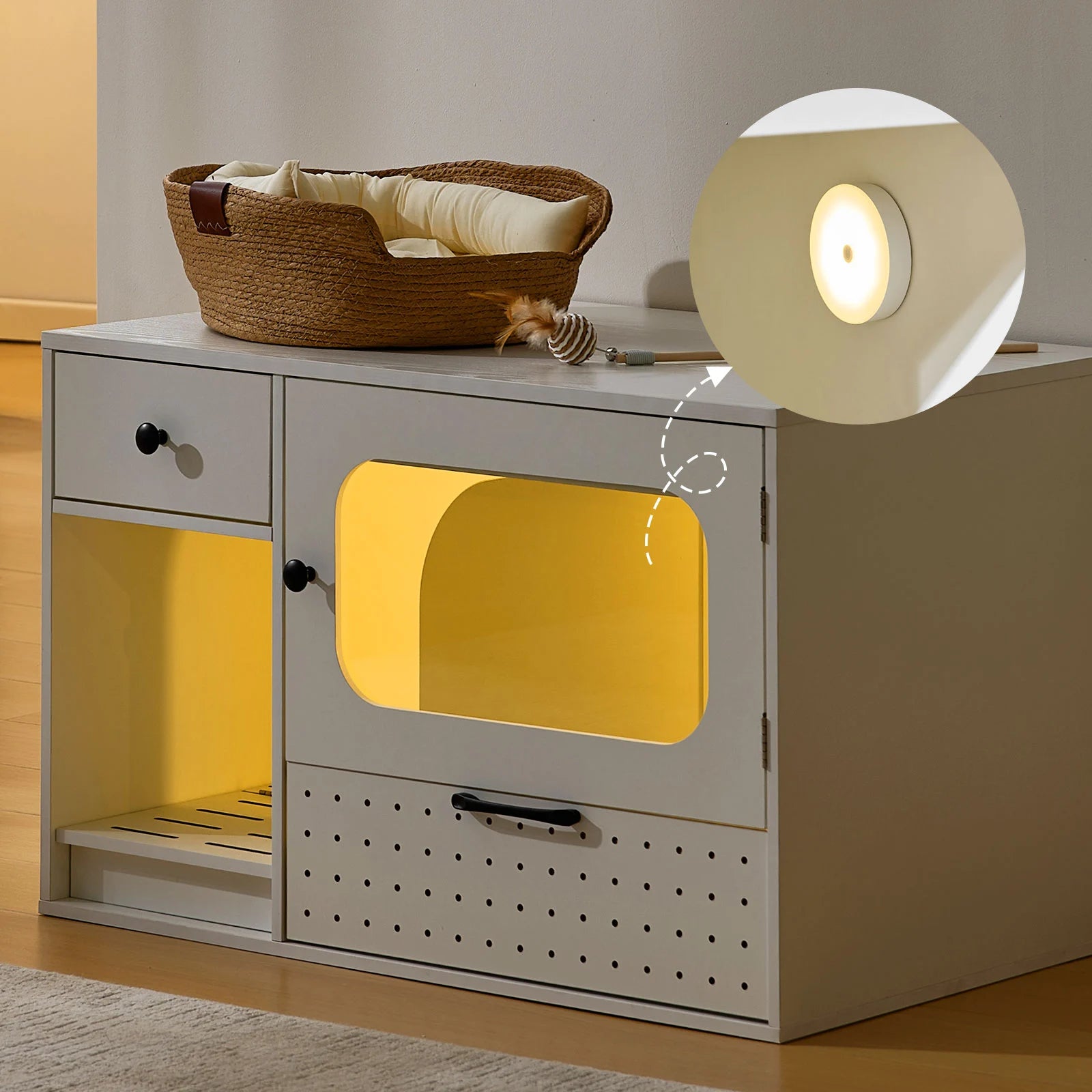Mewi hidden litter box enclosure at night with light on, easy to watch cat