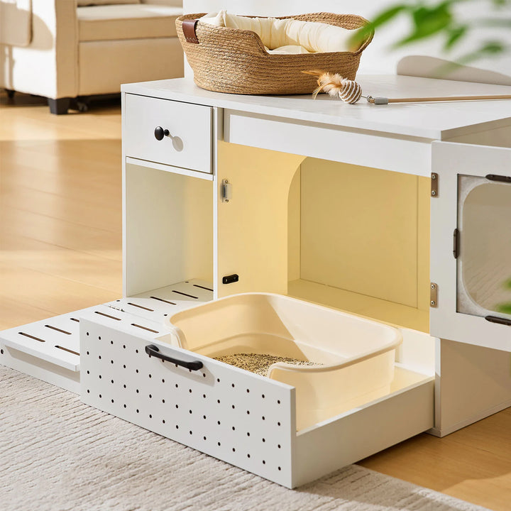 Placing litter tray inside Mewi cat litter cabinet, easy clean hidden litter box storage