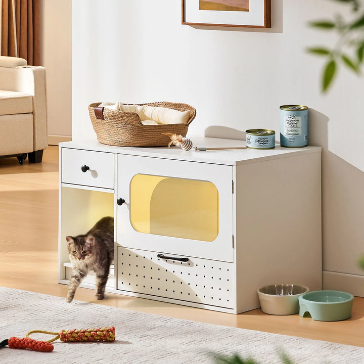 Cat steps out on paw-clean step of Mewi cat litter enclosure after having a poo, modern hidden litter box design