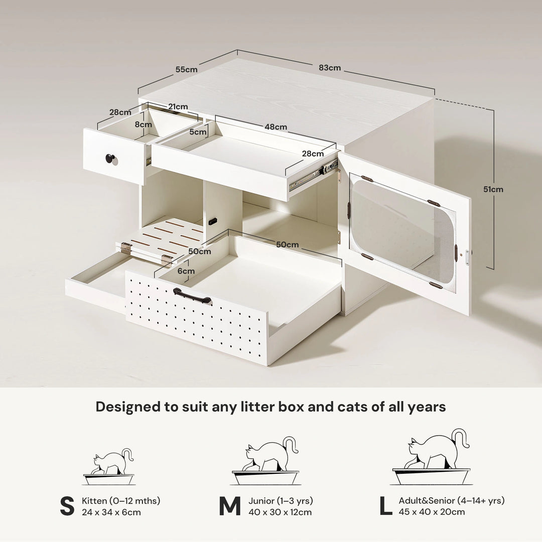 Mewi cat litter cabinet dimensions, fits all cat sizes and hidden litter box for kittens to adults