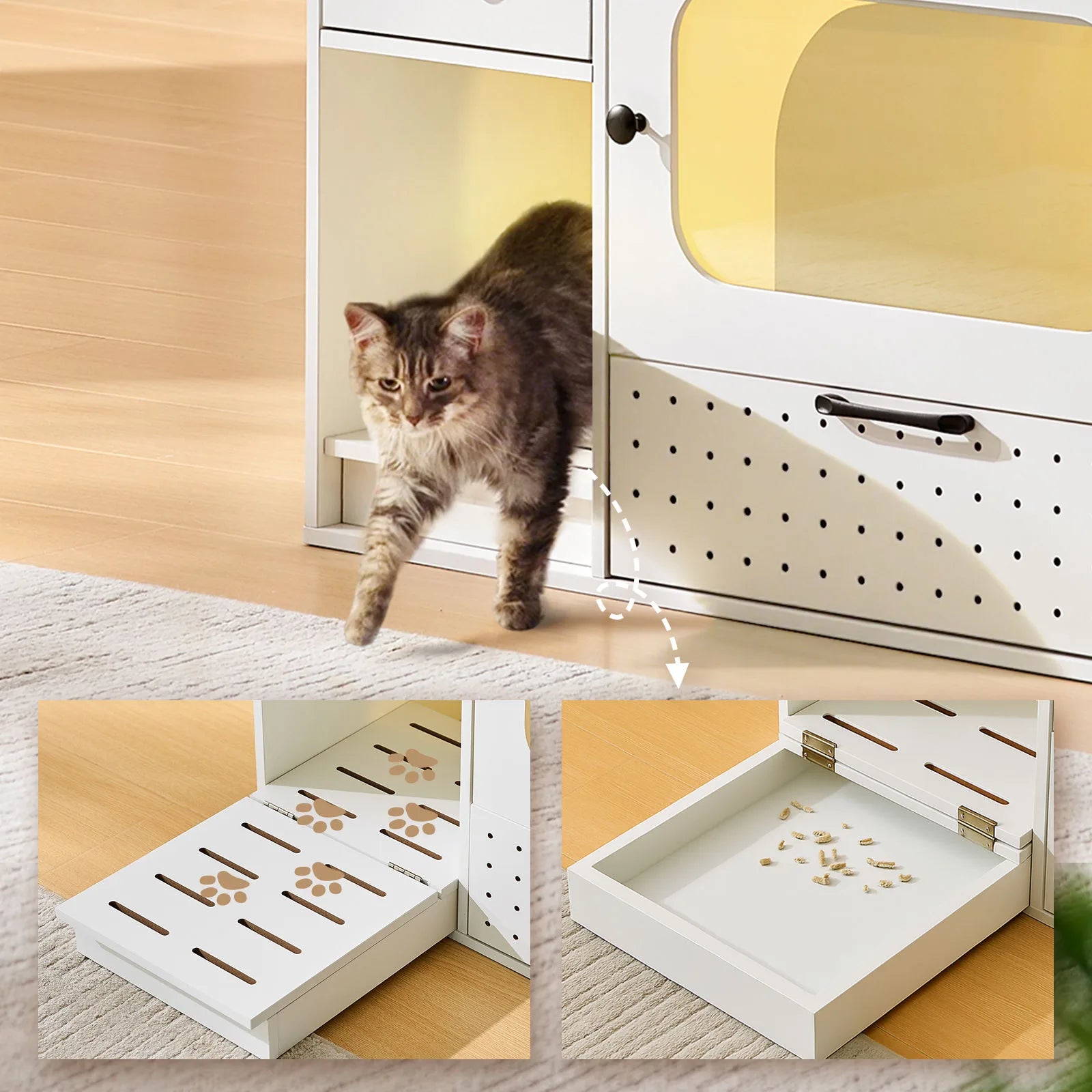 Cat leaving Mewi litter cabinet, paw-clean step collects litter for tidy hidden cat box