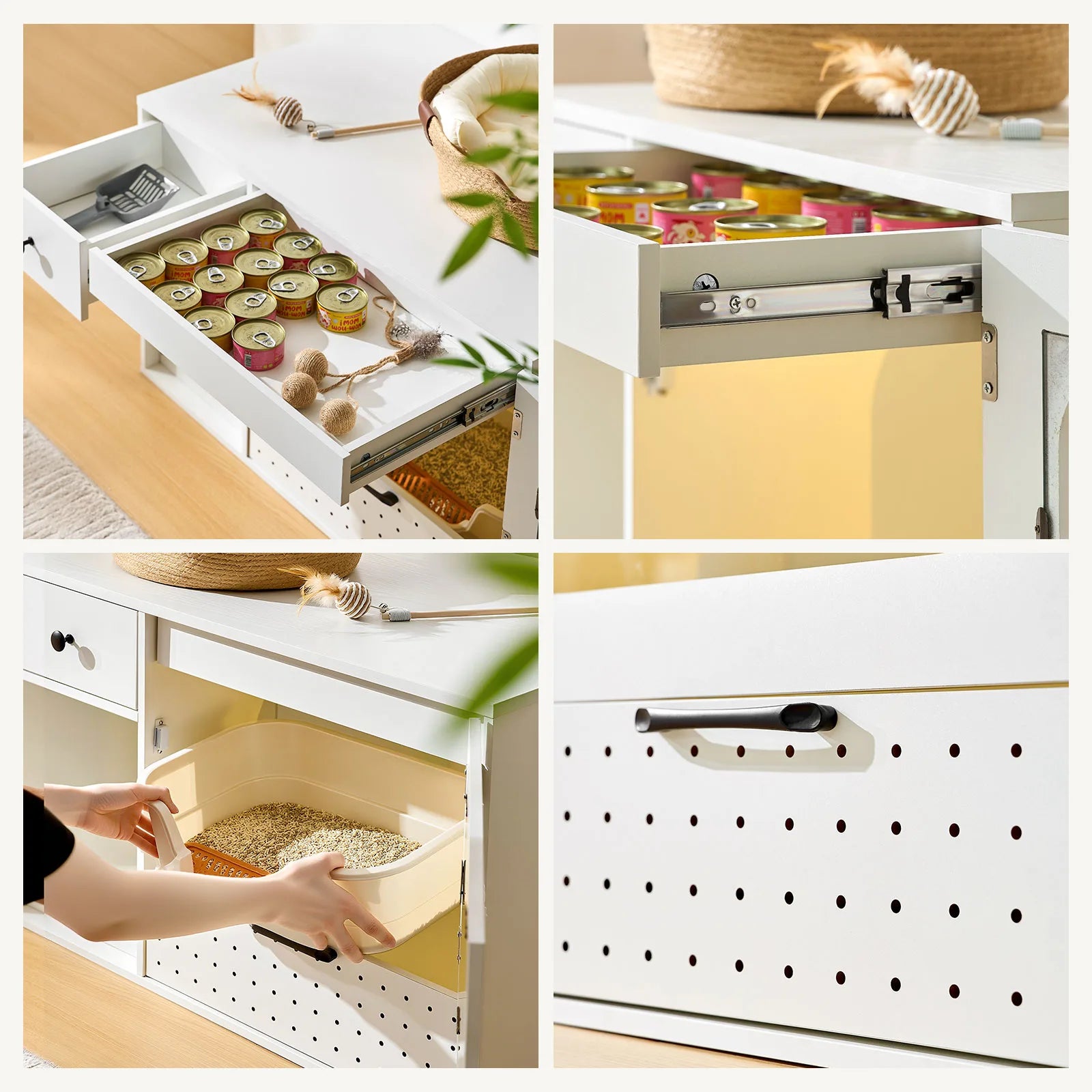 Mewi cat litter box enclosure with hidden drawer for cat supplies, sliding rail and vent details