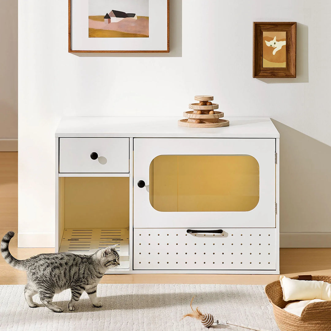 Cat using Mewi hidden litter box cabinet in living room, stylish cat furniture keeps home fresh