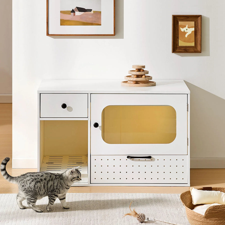 Cat using Mewi hidden litter box cabinet in living room, stylish cat furniture keeps home fresh