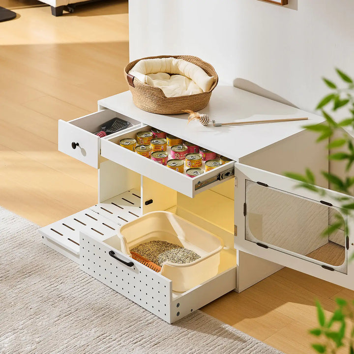 Mewi cat litter box enclosure with hidden drawer for cat supplies, sliding rail and vent details