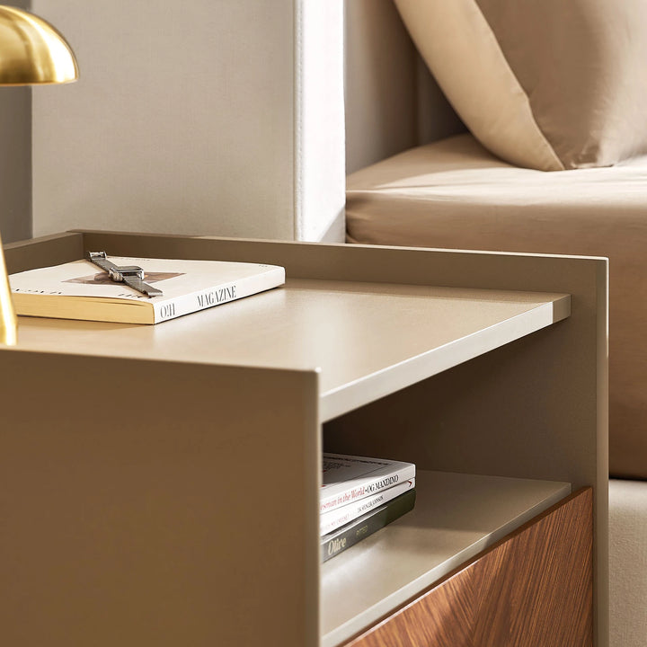 Close-up of Milano Bedside Table top showing sand beige finish and open shelf