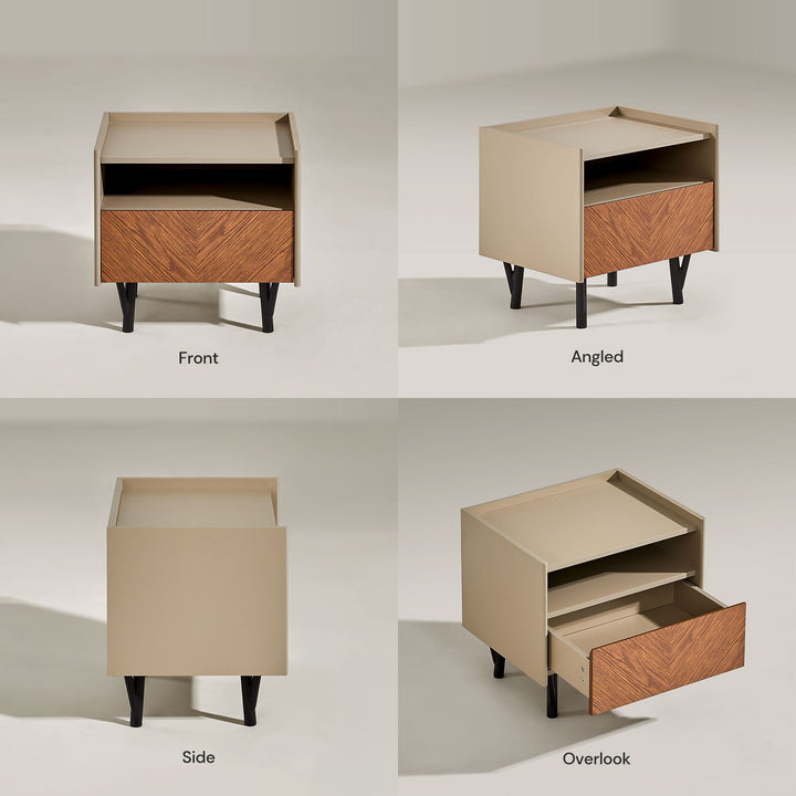 Front, side and top composite view of Milano Bedside Table on white background