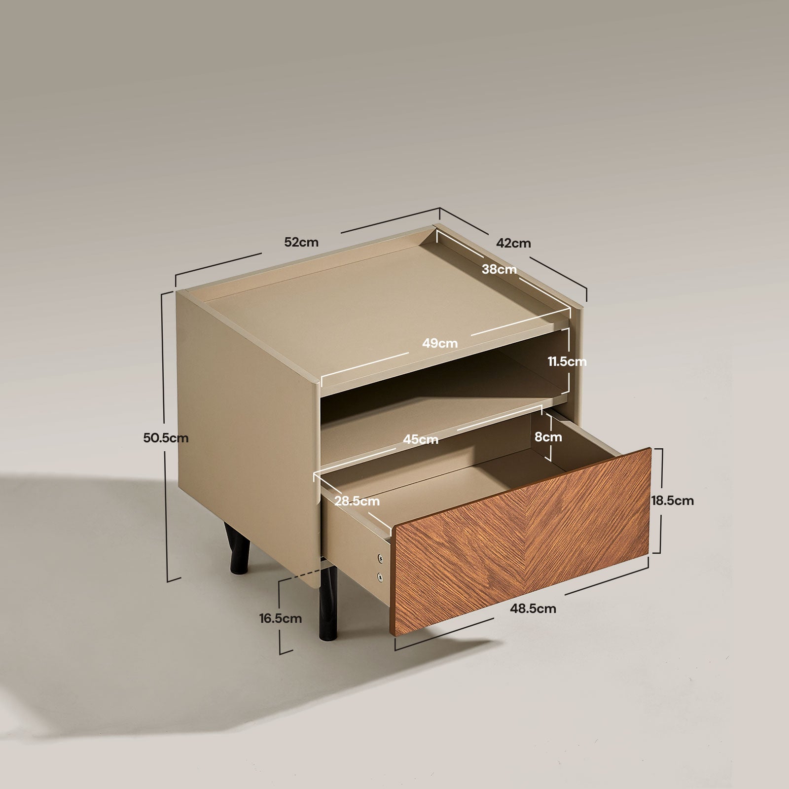 Dimension diagram of Milano Bedside Table showing detailed measurements