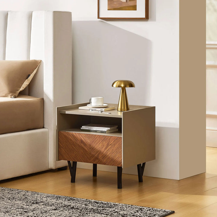 Side view of Milano 1 Drawer Bedside Table next to the bed in a cosy bedroom