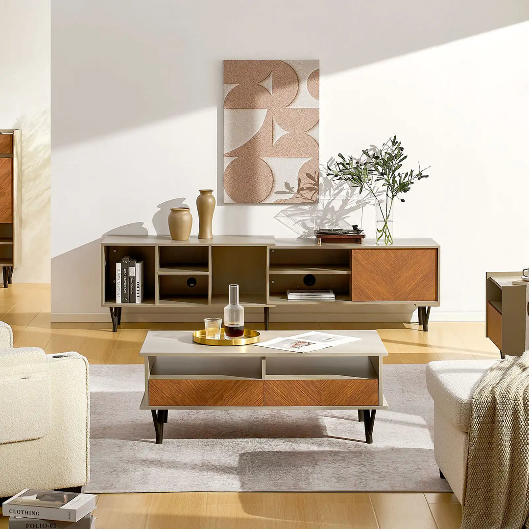 View of Milano Coffee Table from the sofa, with Milano TV Stand in the background