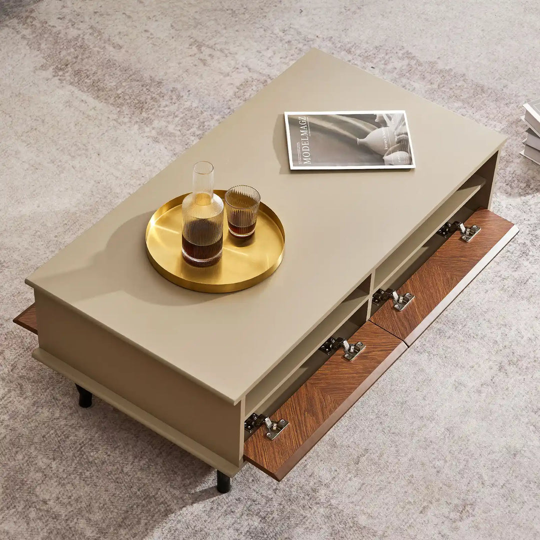 Top-down view of Milano Coffee Table with beige wide tabletop and four flip-down storage doors open