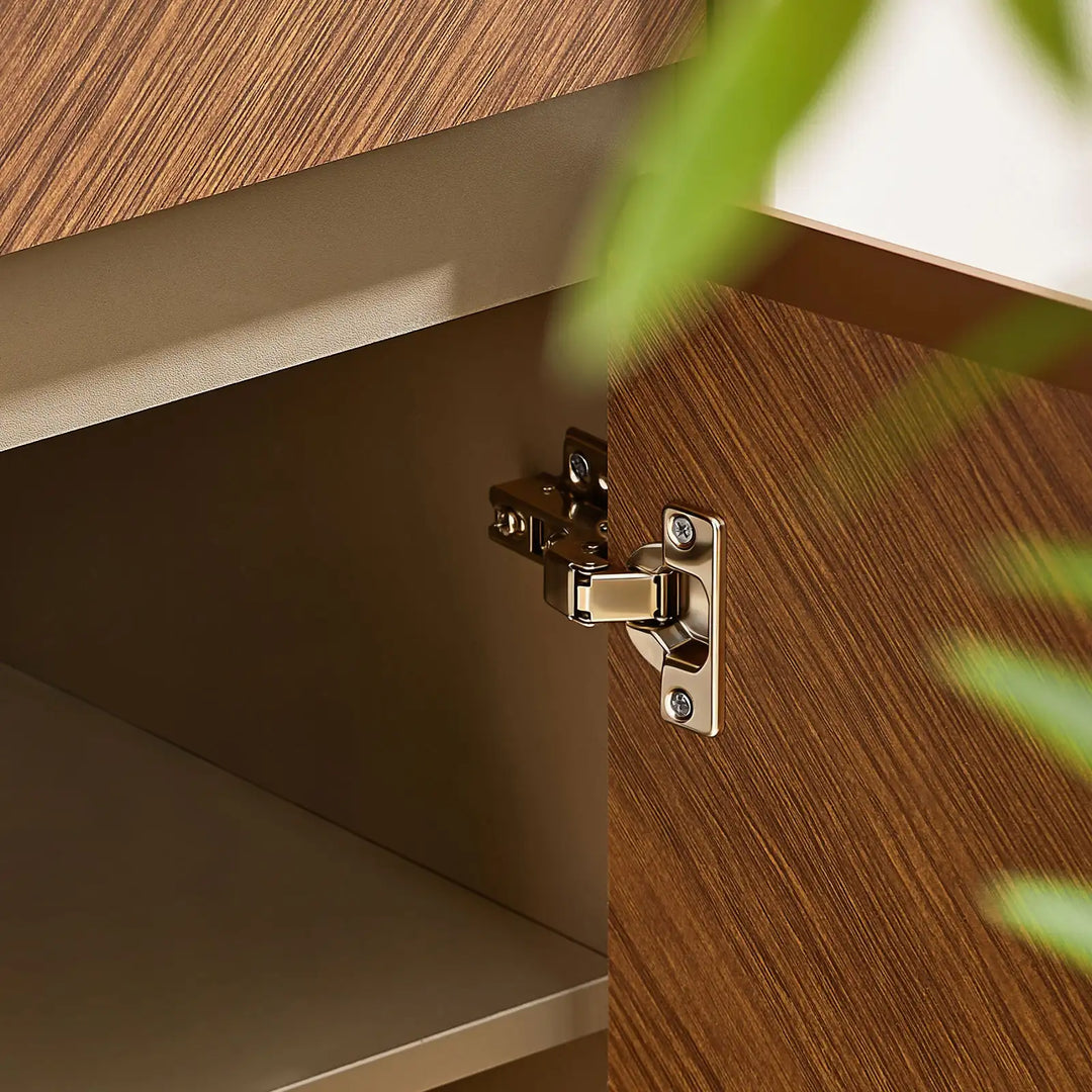 Milano Shoe Storage cabinet doors open, revealing durable metal hinges and hardware