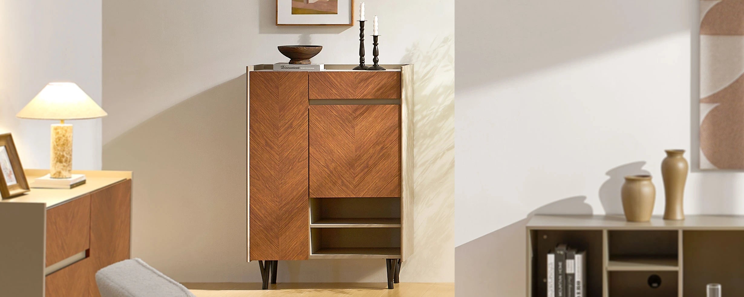 Milano Shoe Storage styled in a living room with Milano TV stand and Milano sideboard as a matching set