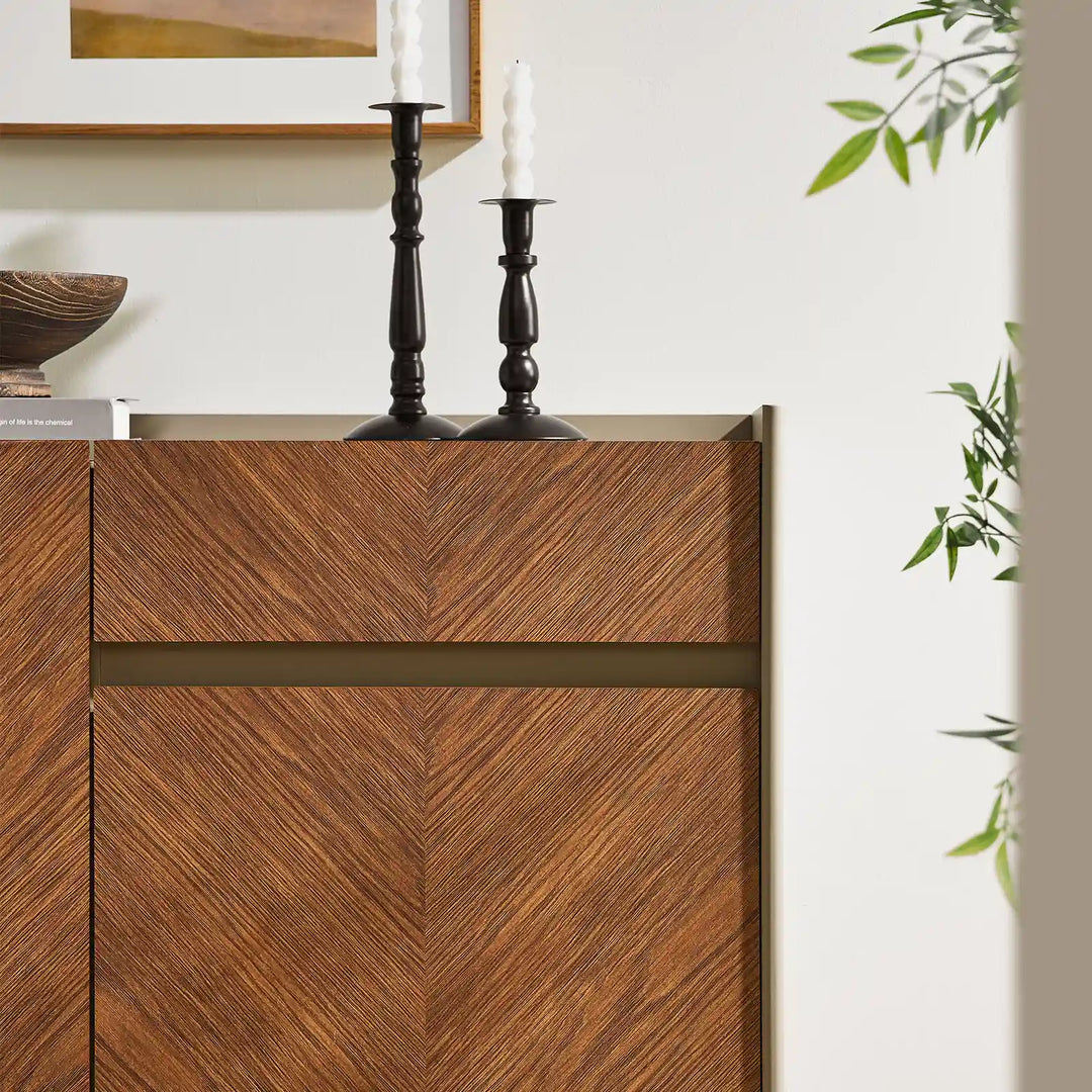 Close-up of Milano Shoe Storage drawer and door panels with walnut wood grain texture