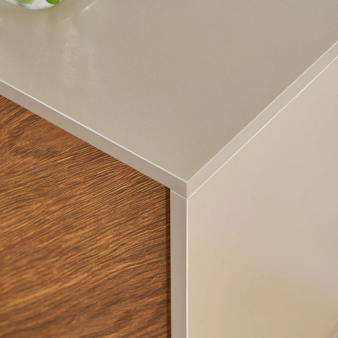 Close-up of the sand beige top surface of the Milano TV stand