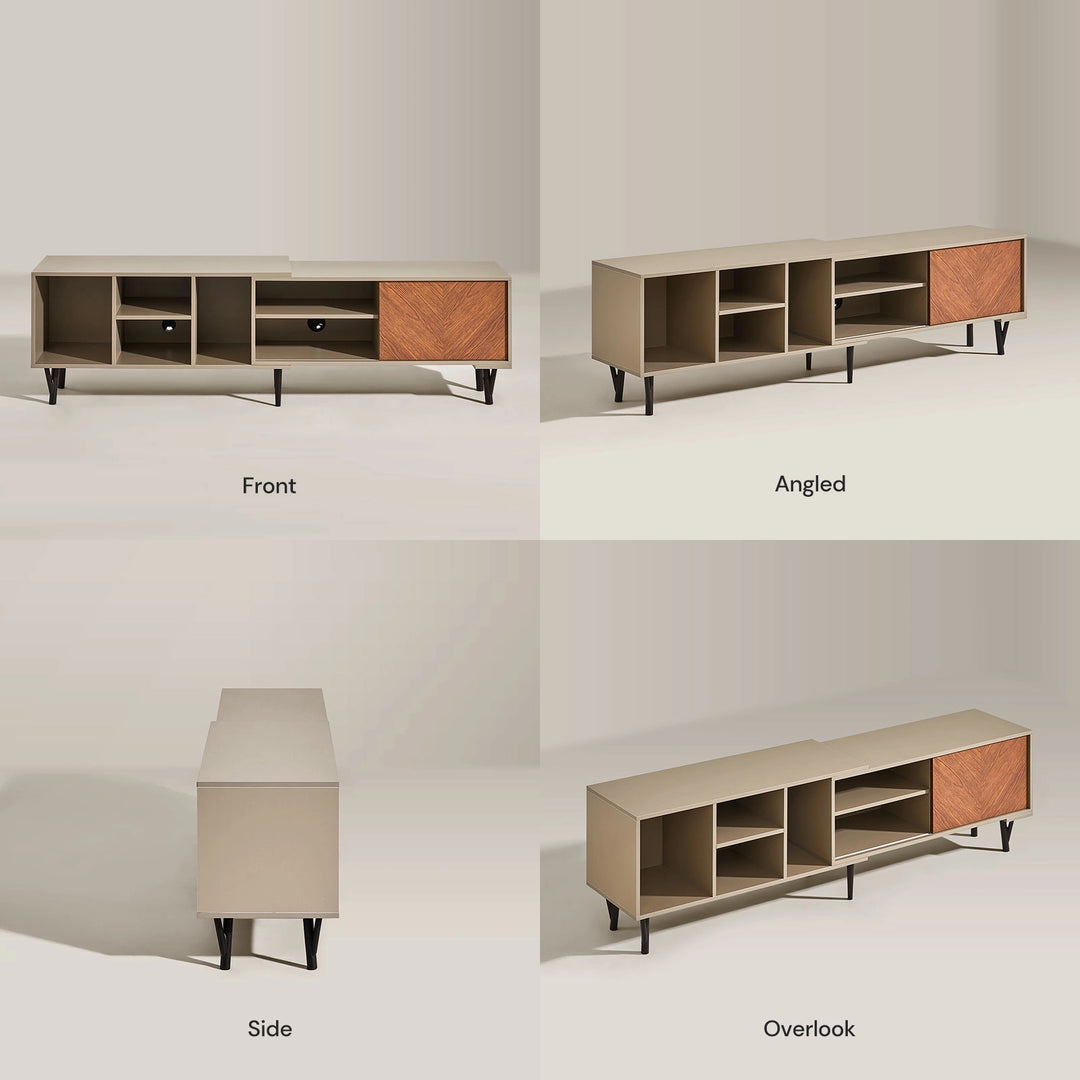 Milano TV stand showing front, side and top views