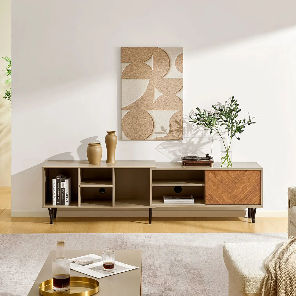 Front view of the Milano TV stand fully extended in a bright living room