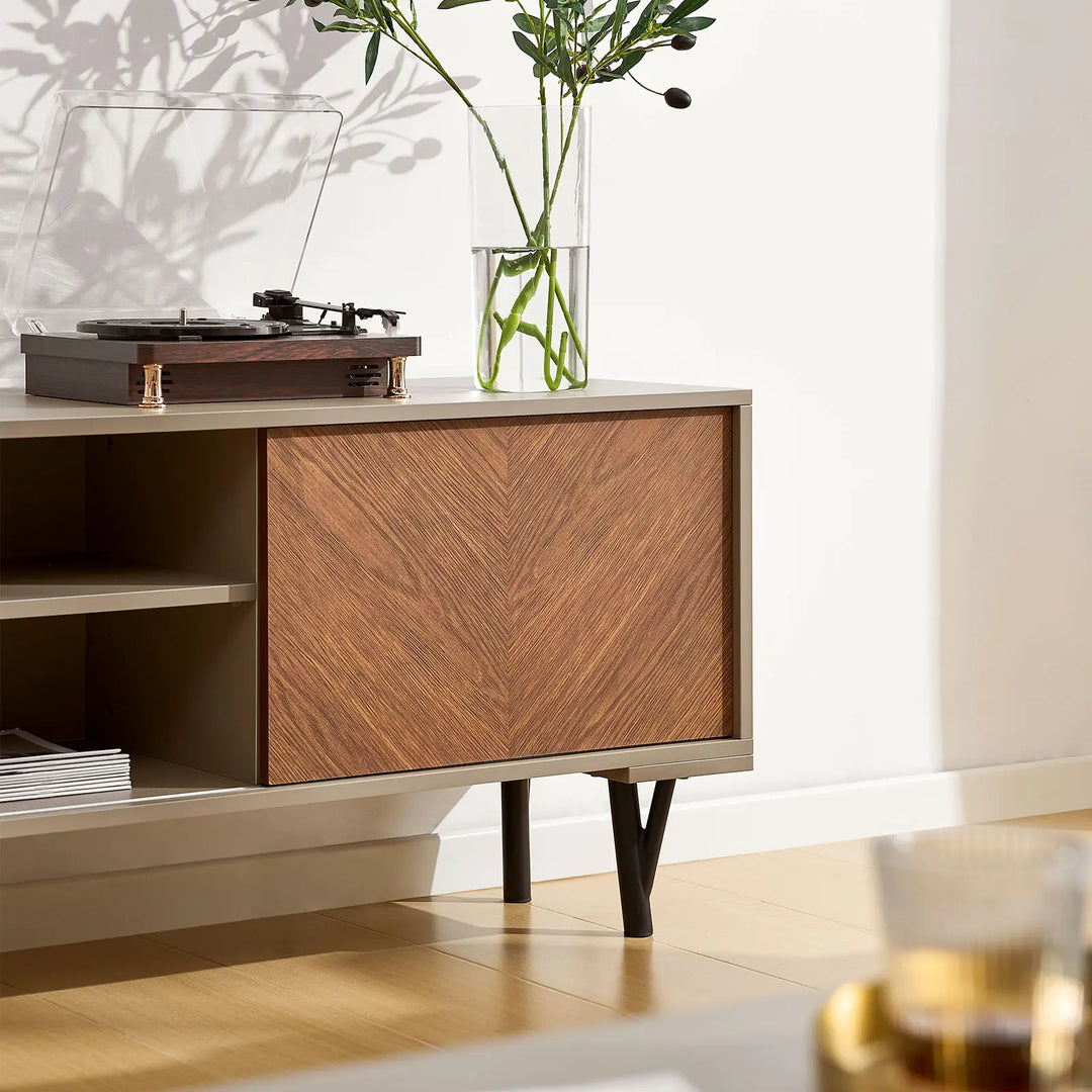Close-up of walnut wood grain detail on Milano TV stand cabinet doors