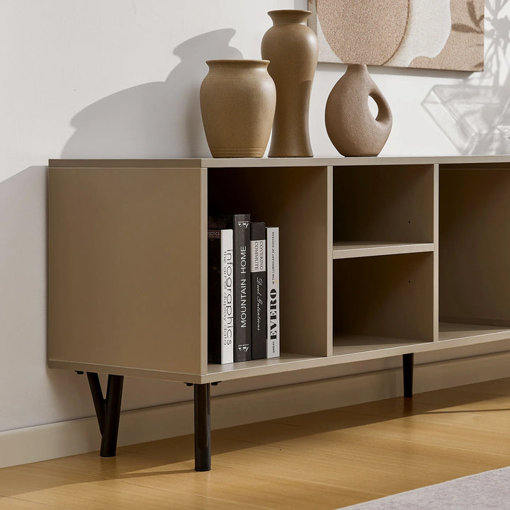 Detail of the left open storage shelves on the Milano TV stand