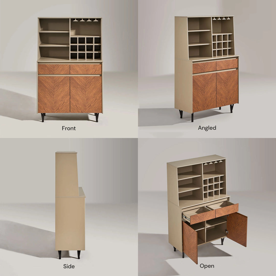 Milano Wine Bar Cabinet showcased from front, side, and top angles