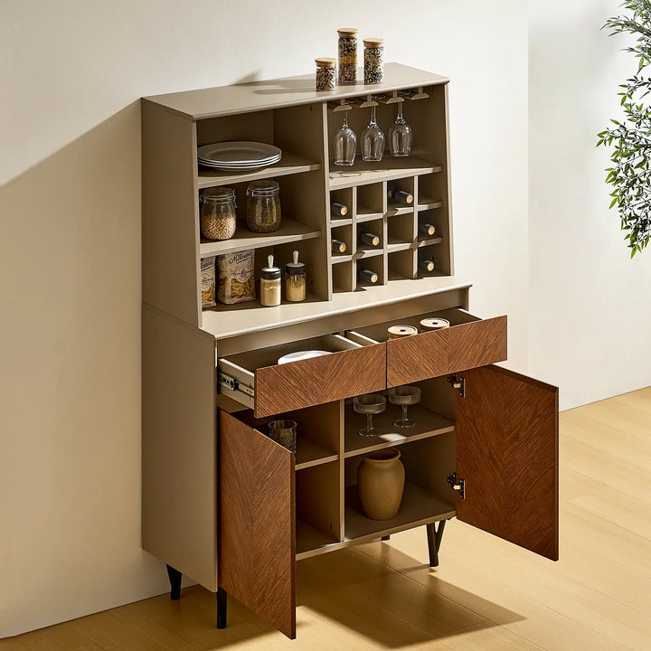 Milano Wine Bar Cabinet side view with drawers and doors open, showing 2 drawers and 4 interior shelves