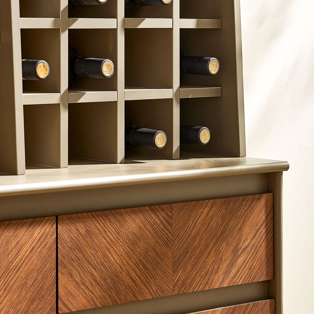 Close-up of Milano Wine Bar Cabinet wine rack, holds 12 bottles