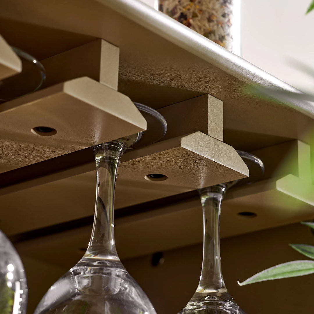 Close-up of Milano Wine Bar Cabinet glass holders, 3 rows for stemware