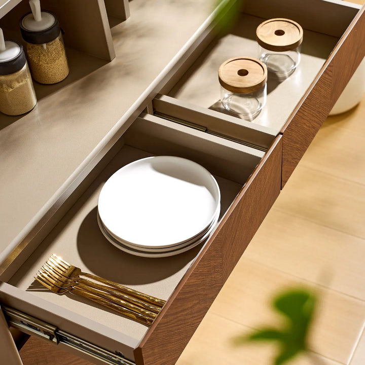 Top view of Milano Wine Bar Cabinet drawers, perfect for storing dishes and tableware