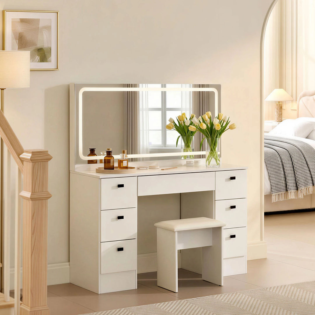 white colour dressing table Luxury Modern Bespoke Style Carving Gold Transform your bedroom with this elegant vanity set featuring a lighted mirror Vision Glossy White Dressing Table