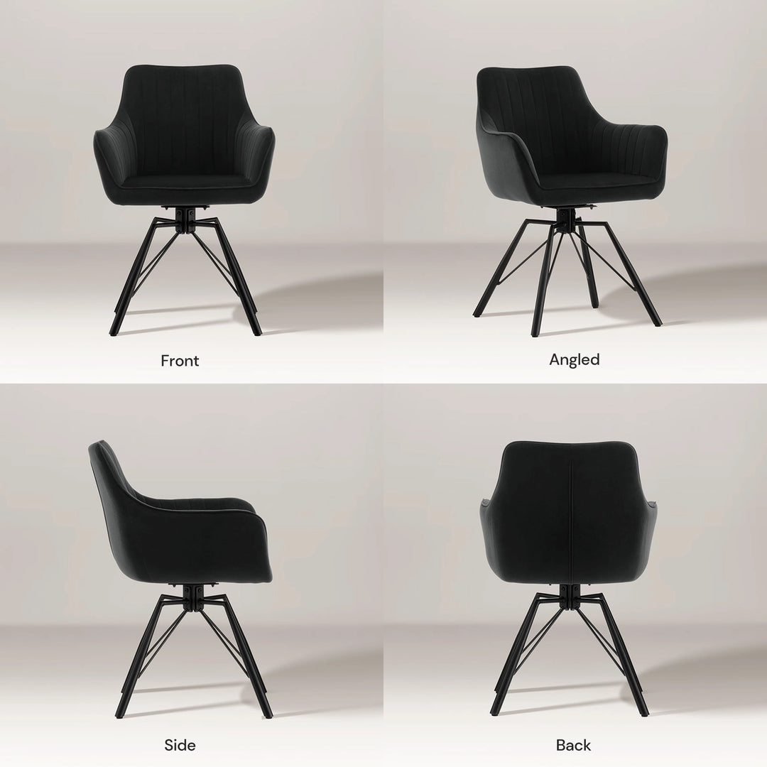 Front, side and back view collage of the black Milo swivel chair