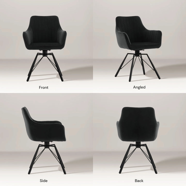 Front, side and back view collage of the black Milo swivel chair