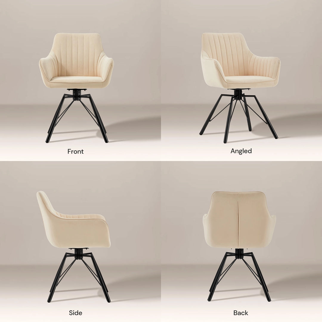 Front, side and back view collage of the cream Milo swivel chair