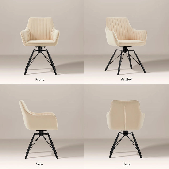 Front, side and back view collage of the cream Milo swivel chair
