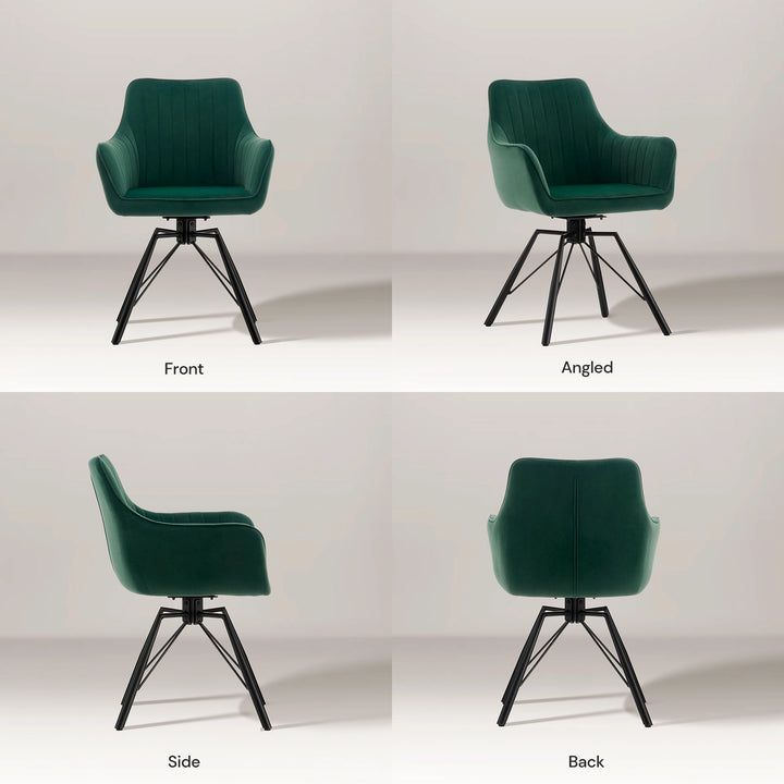 Front, side and back view collage of the green Milo swivel chair