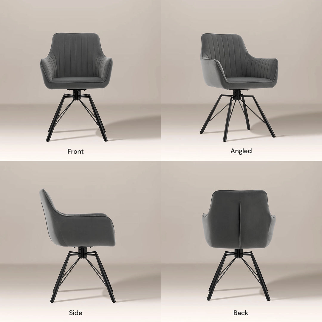 Front, side and back view collage of the grey Milo swivel chair