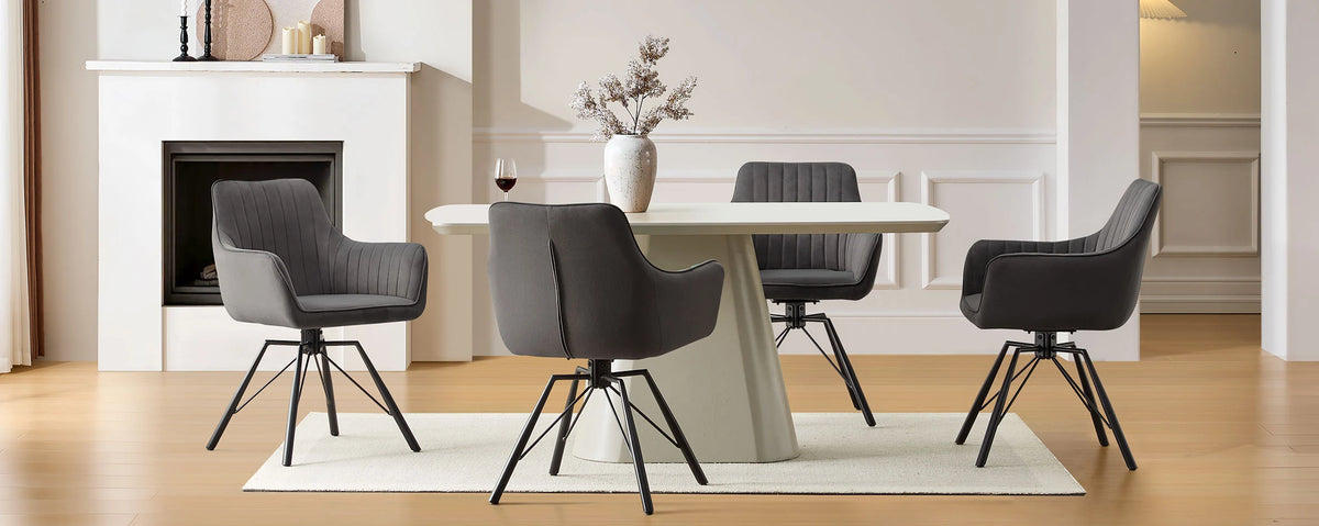 Four grey Milo dining chairs around a dining table in a bright modern dining room