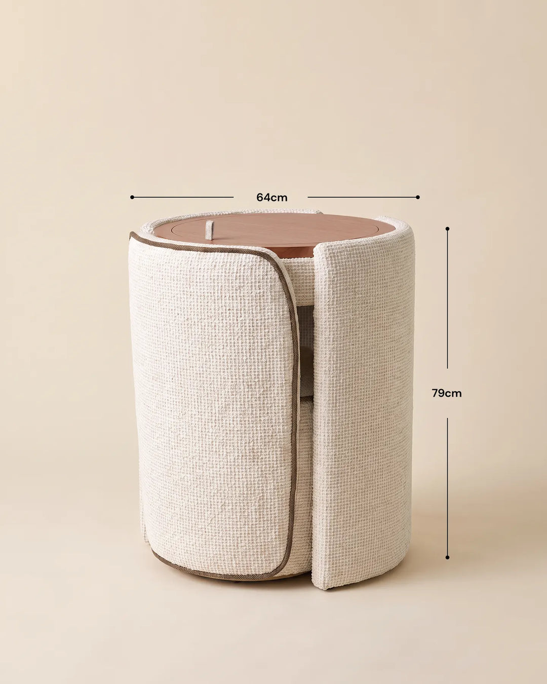 Mina cream chenille upholstered dressing table showing its overall dimensions, with a compact rounded design for bedrooms and dressing areas