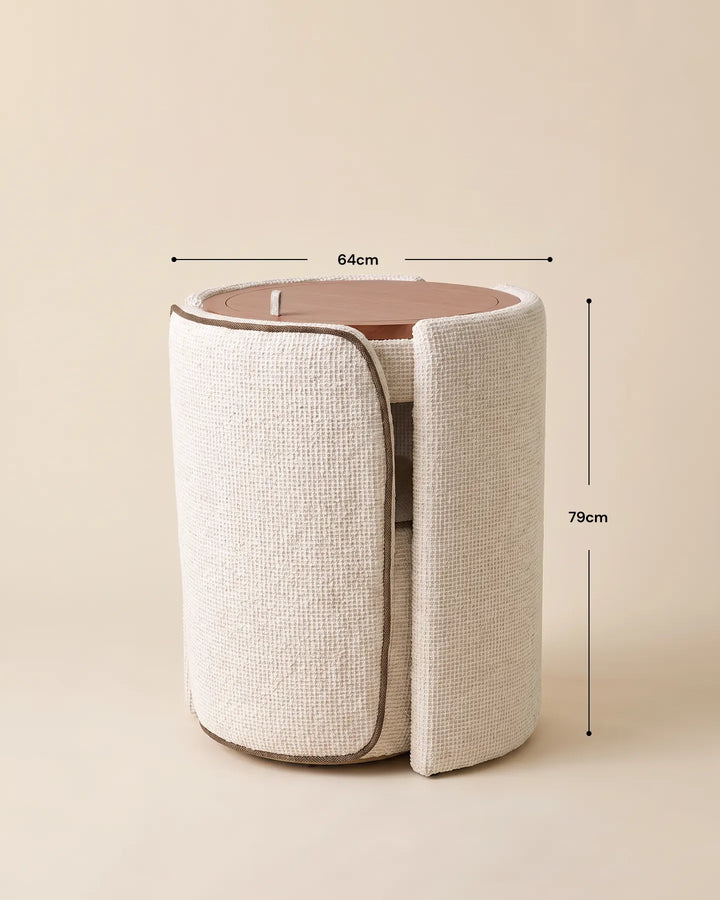 Mina cream chenille upholstered dressing table showing its overall dimensions, with a compact rounded design for bedrooms and dressing areas