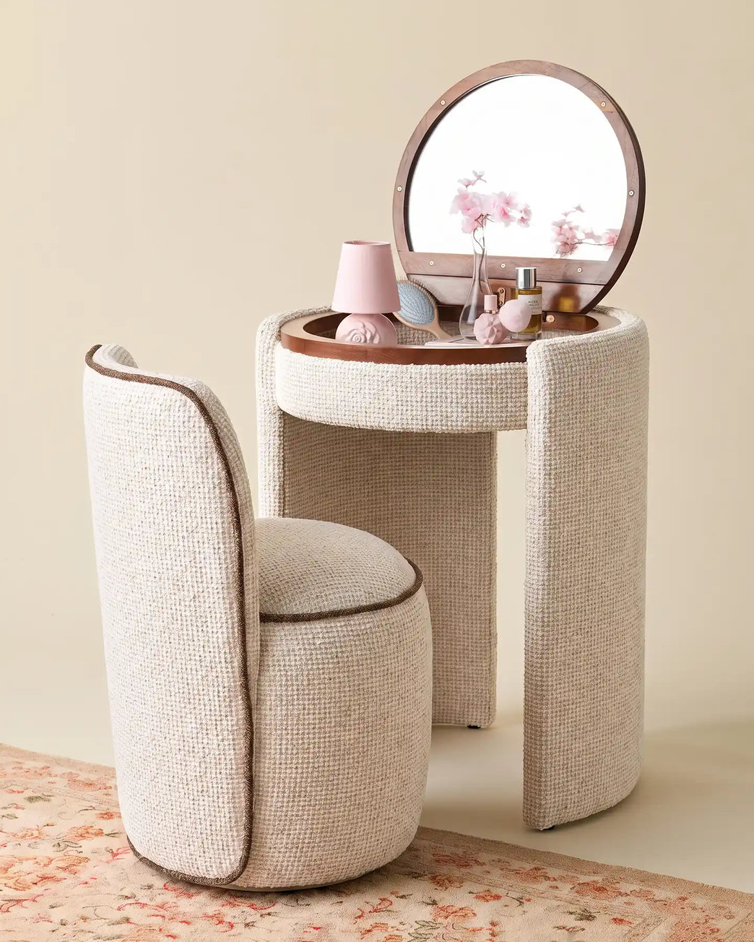 Mina upholstered dressing table set with matching stool and round mirror, featuring soft cream chenille upholstery and a rounded design