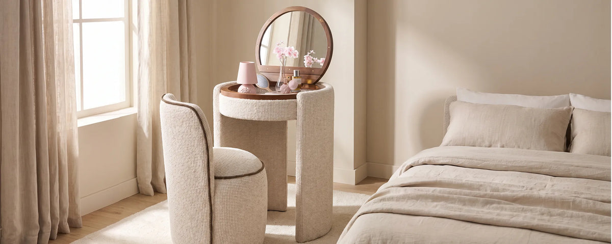 Mina cream chenille dressing table set styled in a neutral bedroom with a matching stool and round mirror, creating a soft and elegant dressing area