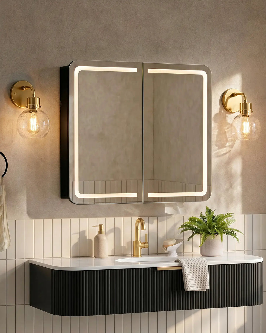 Mira anti fog bathroom mirror cabinet side view styled in contemporary 