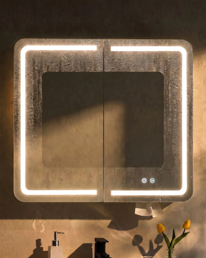 Mira anti-fog bathroom mirror cabinet front view, showing the anti-fog function
