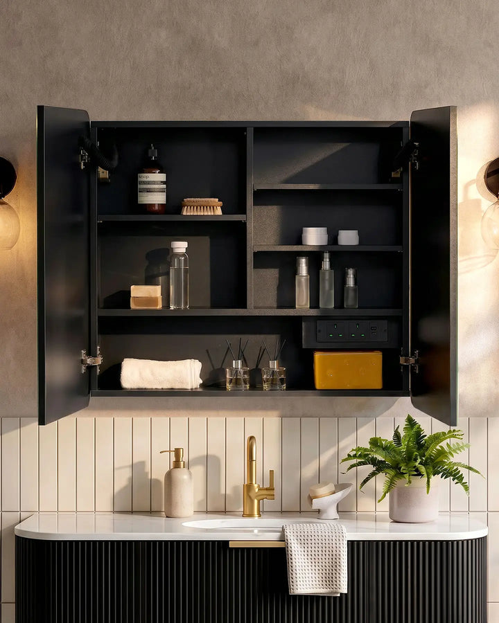 Mira bathroom mirror cabinet fully open showing internal storage compartments