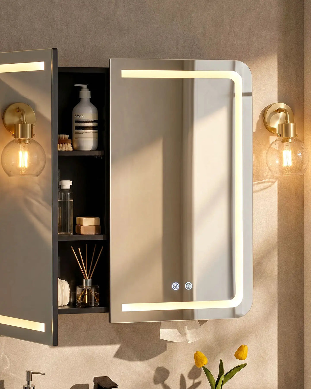 Mira anti fog bathroom mirror cabinet with partially open door detail