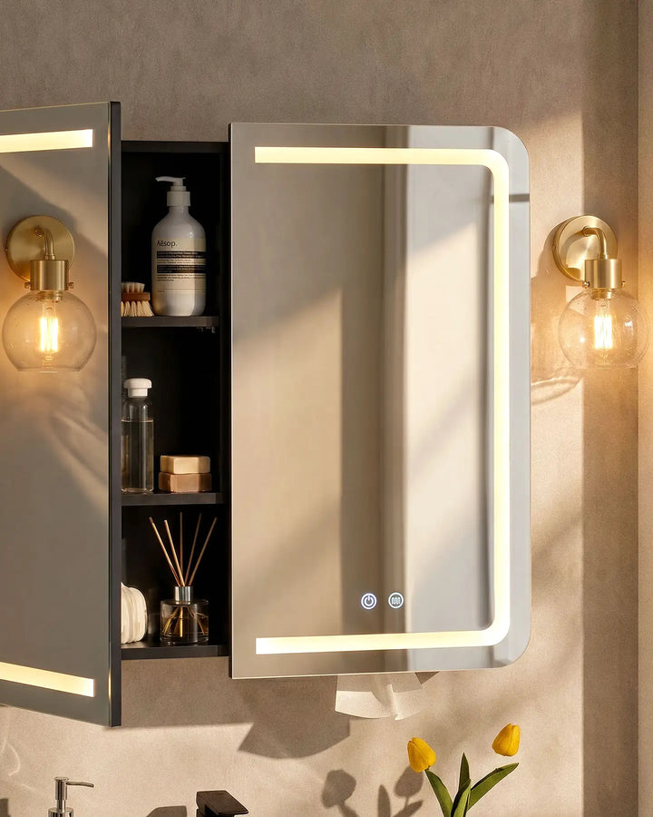Mira anti fog bathroom mirror cabinet with partially open door detail