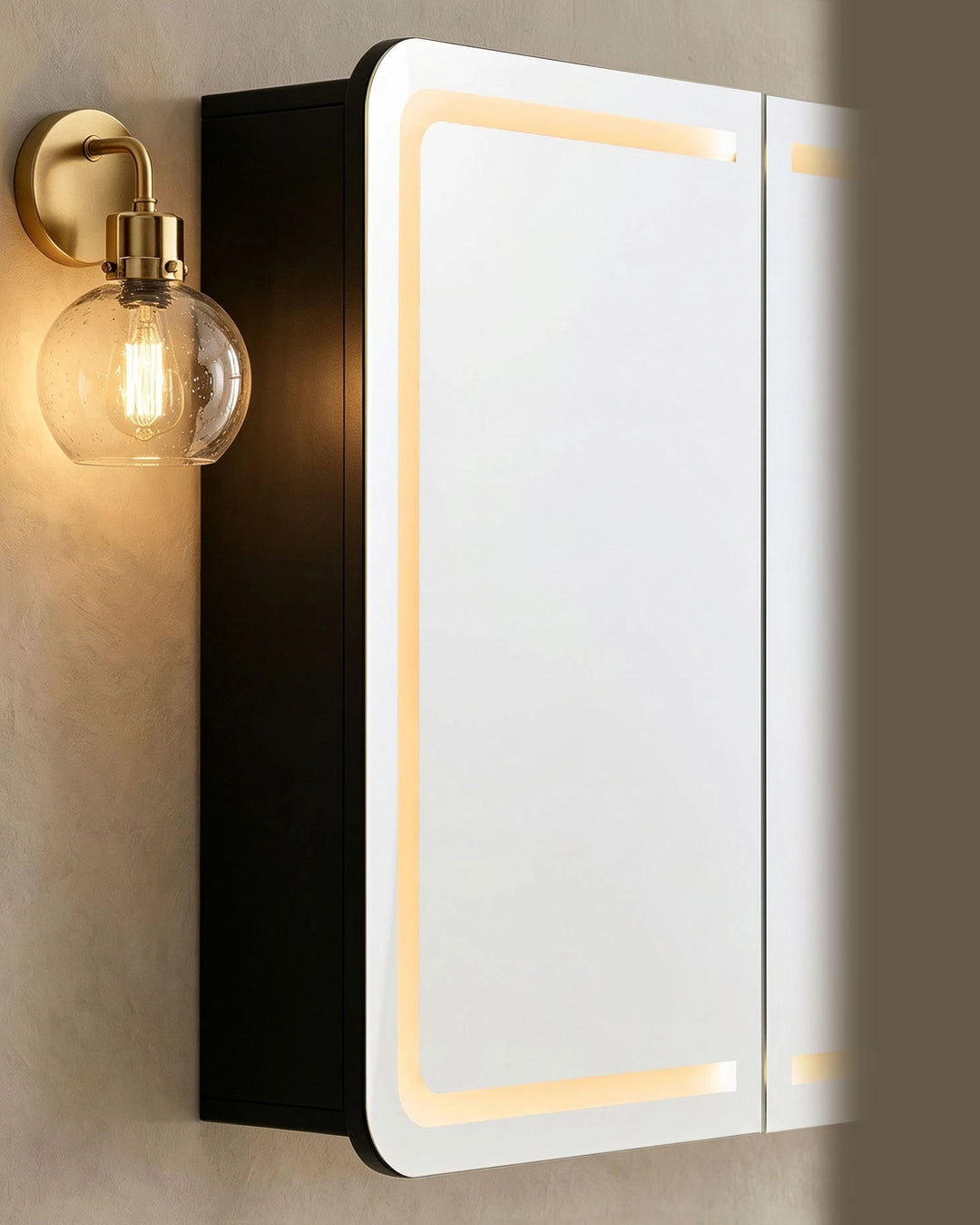 Close-up of Mira bathroom mirror cabinet mirror surface with integrated LED light strip