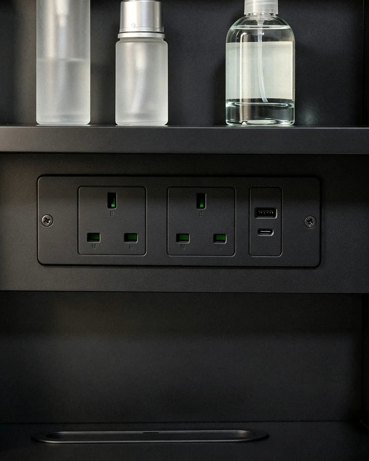 Mira bathroom mirror cabinet integrated with 2 AC outlets, 1 USB-A and 1 USB-C port. 
