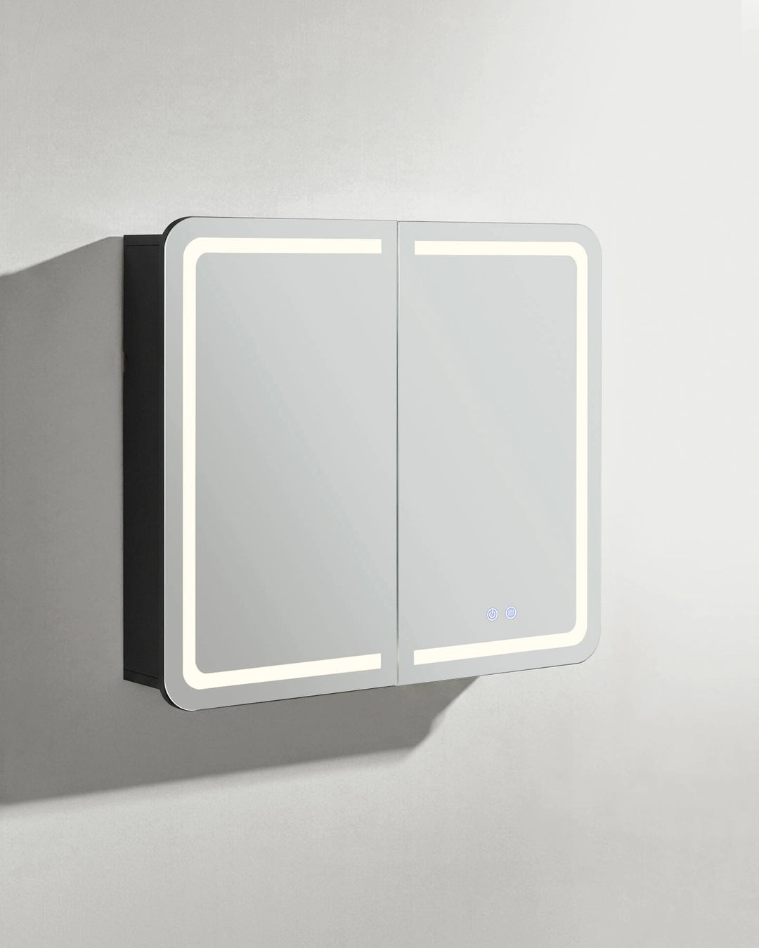 Mira bathroom mirror cabinet side view with partially open door on white background